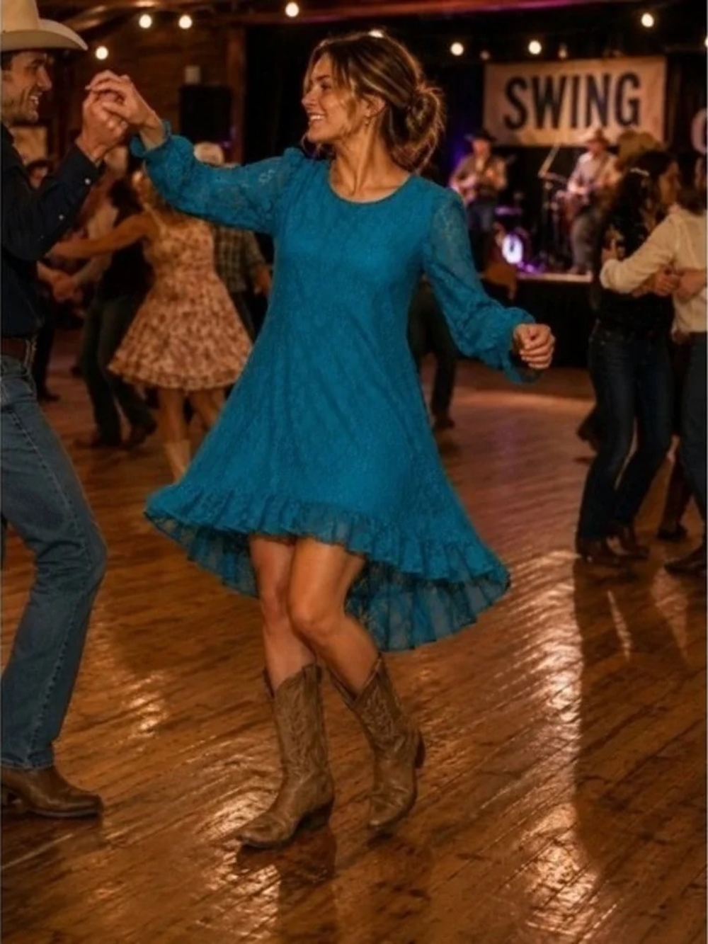 Teal Lace High-Low Long-Sleeve Dress PTP21-